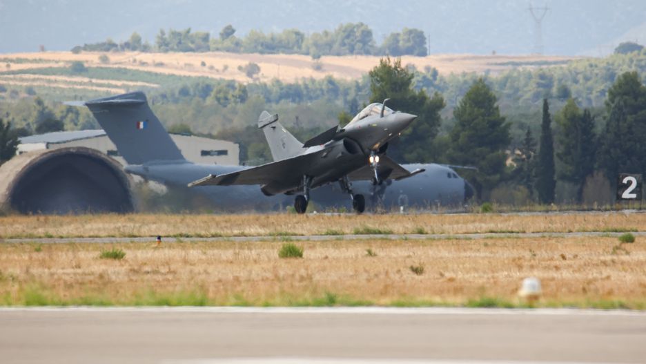 A French air force ( Armée de l'Air et de l'Espace Dassault Rafale solo display ) Dassault Rafale multirole combat fighter jet aircraft performs aerial maneuvers during the Athens Flying Week 2021 airshow in Tanagra Air Base. Greek Air Force will acquire 24 Rafale from France according to the deal that was signed on January 2021 and then updated. Tanagra, Greece on September 5, 2021 (Photo by Nicolas Economou/NurPhoto via Getty Images)