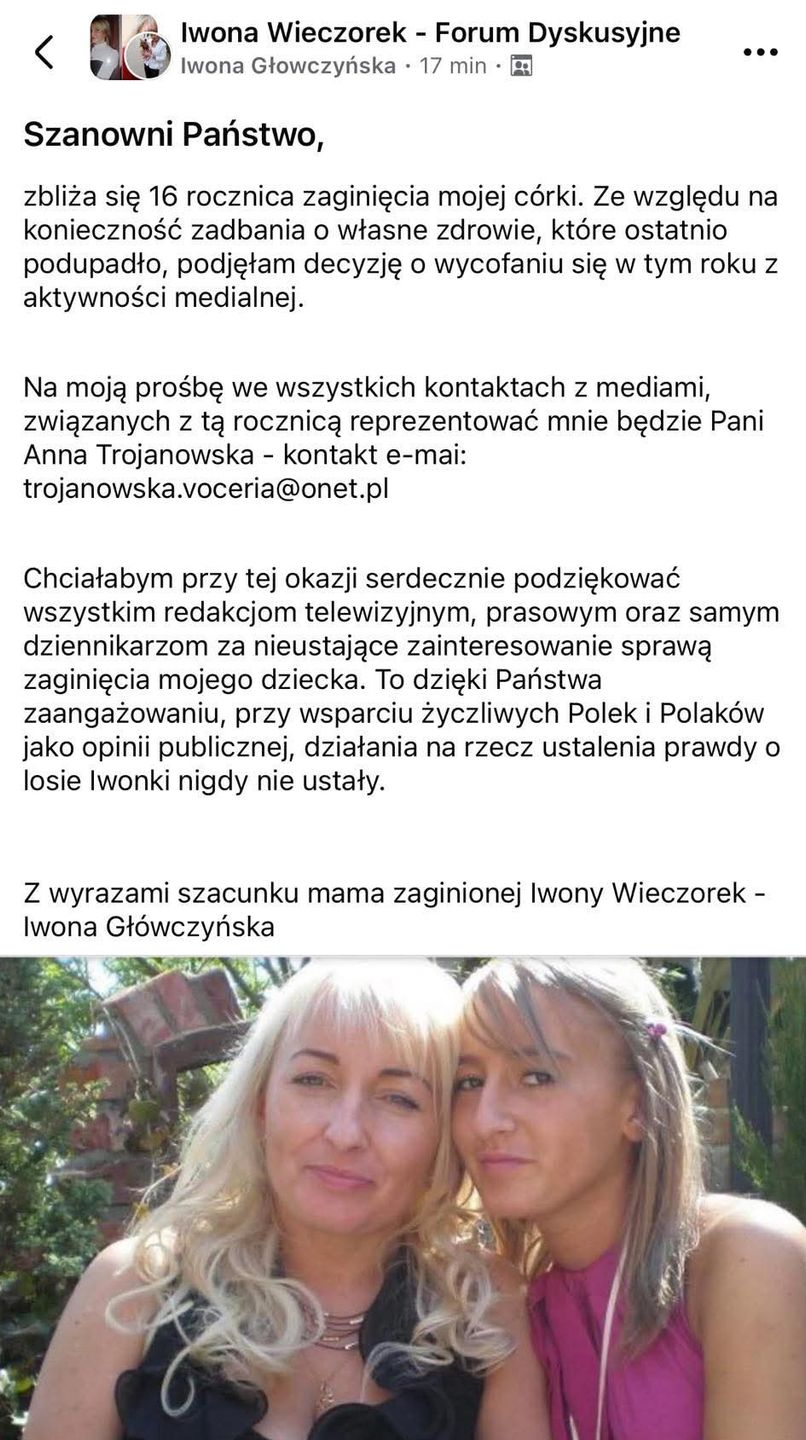 Matka Iwony Wieczorek wydała oświadczenie