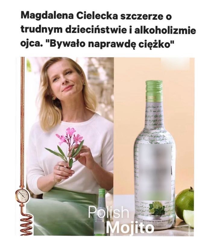 Screen postu Jana Śpiewaka z reklamą wódki z udziałem Magdaleny Cieleckiej