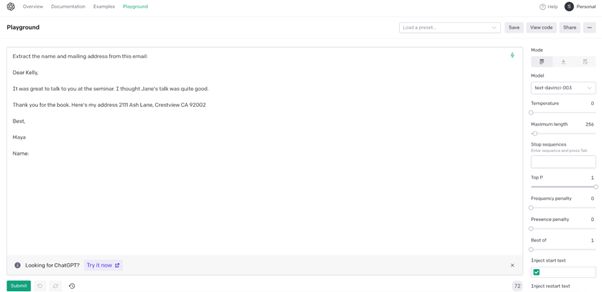Piaskownica (plaground) miejsce gdzie można “pobawić się” modelem. Oczywiście za pomocą promptów w języku naturalnym.