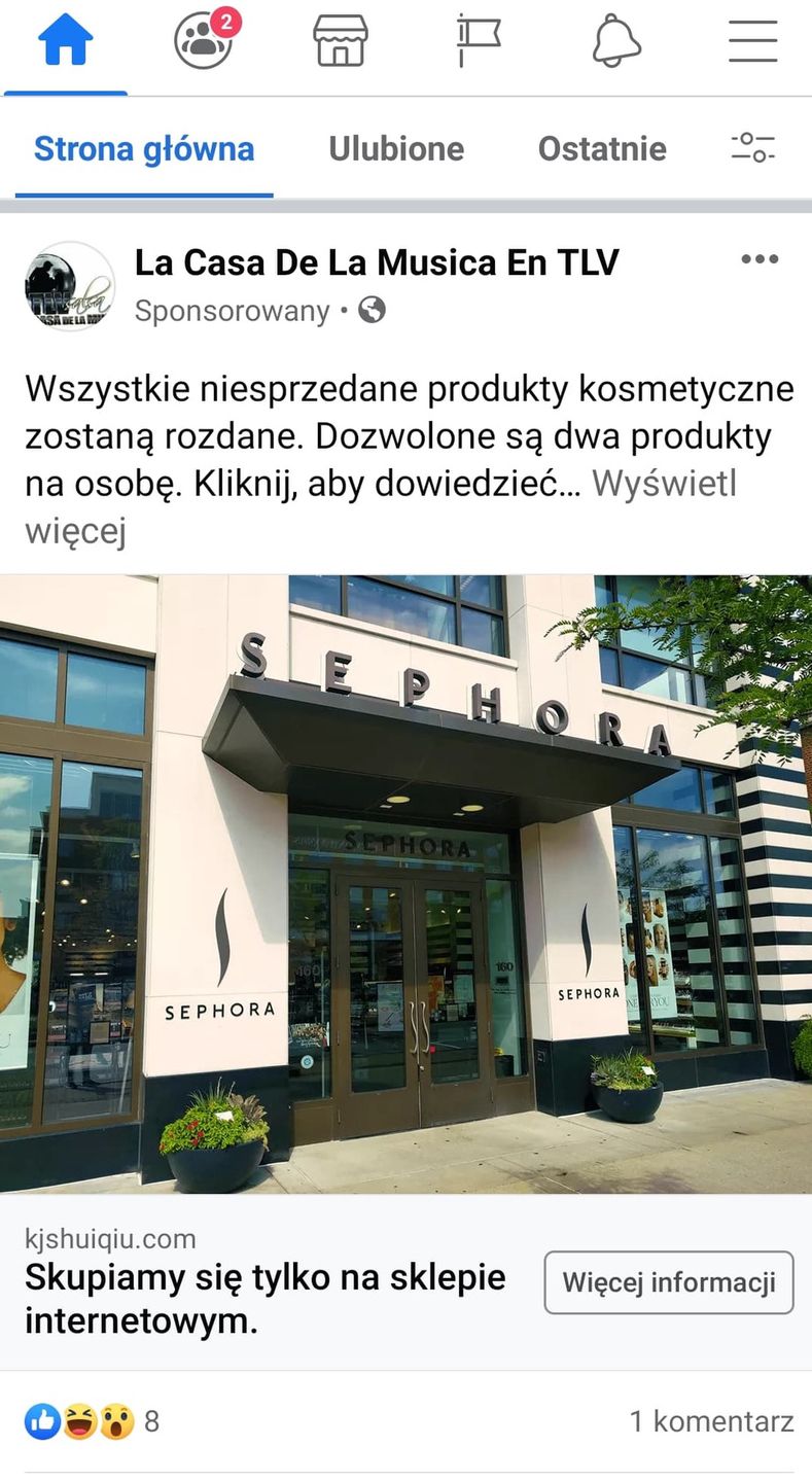 Tak wygląda fałszywa reklama Sephory, która sugeruje rozdawanie produktów za darmo.