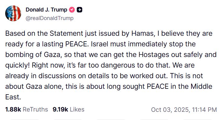 Trump reaguje na oświadczenie Hamasu
