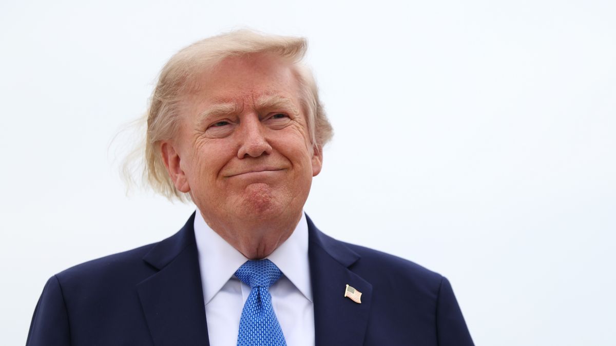 JOINT BASE ANDREWS, MARYLAND - AUGUST 14: U.S. President Donald Trump stops to speak to reporters before boarding Air Force One on August 14, 2026 at Joint Base Andrews, Maryland. Trump is traveling to Long Island to tour law enforcement facilities in Nassau County and rally support for local Republican candidates ahead of the upcoming midterm elections. (Photo by Samuel Corum/Getty Images)