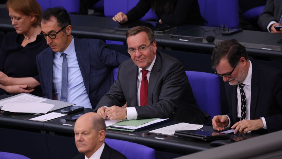 BERLIN, GERMANY - JANUARY 31: German Defence Minister Boris Pistorius (C) and other government members, including Chancellor Olaf Scholz, attend debates about the 2024 federal budget at the Bundestag on January 31, 2024 in Berlin, Germany. The Bundestag, Germany's parliament, is debating the new budget, which had to be radically curtailed following a Constitutional Court ruling late last year, for a second day. (Photo by Sean Gallup/Getty Images)