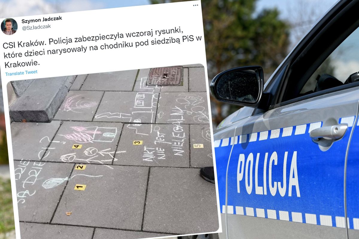 Kraków. Dzieci rysowały na chodniku przed siedzibą PiS. Przyjechała policja, zabrała kredę i spisała rodziców 
