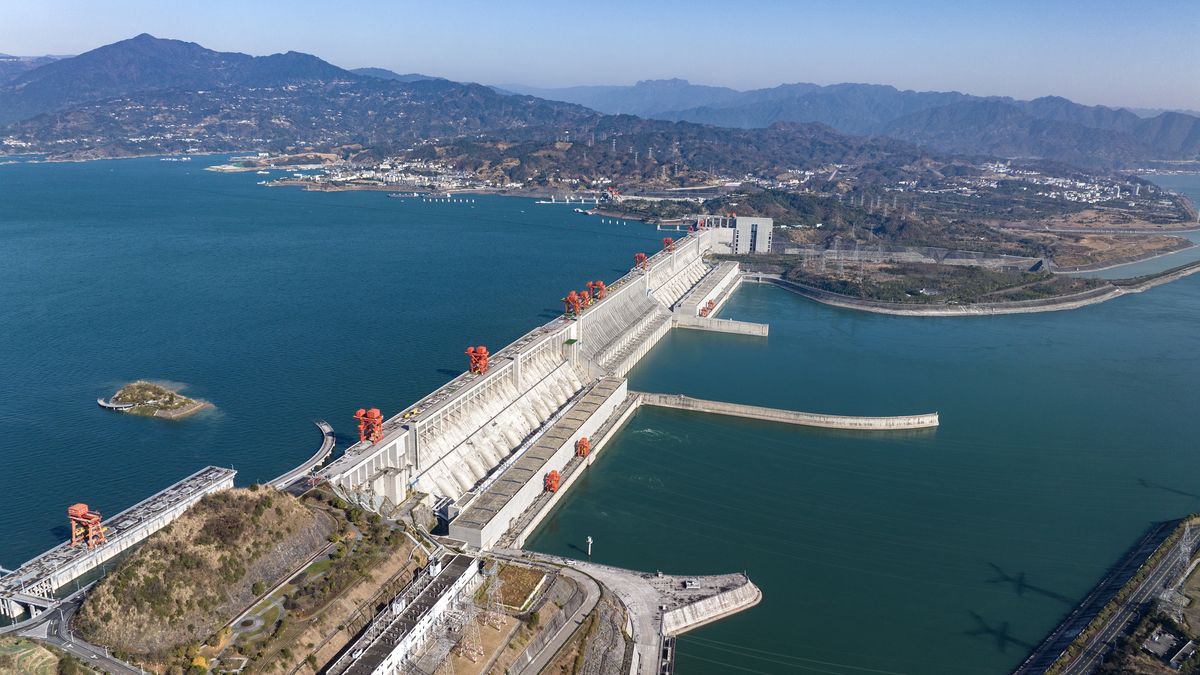 Three Gorges Dam
The Three Gorges Dam is seen in Yichang, Hubei province, China, on January 5, 2025. (Photo by Costfoto/NurPhoto via Getty Images)
NurPhoto
water resources., central china, energy policy, cultural heritage, three gorges dam, construction, flood control, environmental impact, infrastructure, displacement, nurphoto, electricity generation, photograph, power grid, navigation, sedimentation, sustainability, costfoto, china, water management, chn, regional development, economic development
