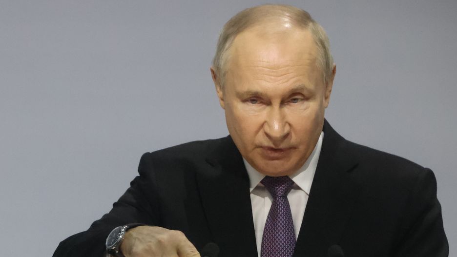 TULA, RUSSIA - FEBRUARY 2: (RUSSIA OUT) Russian President Vladimir Putin delivers a speech during the All For The Victory Military Forum on February 2, 2024 in Tula, Russia. More than 500 participants including defense industry workers, volunteers, doctors and bloggers, who support the Russian invasion of Ukraine gathered at a military forum which was hosted by Kremlin-backed People's Front. (Contributor/Getty Images)