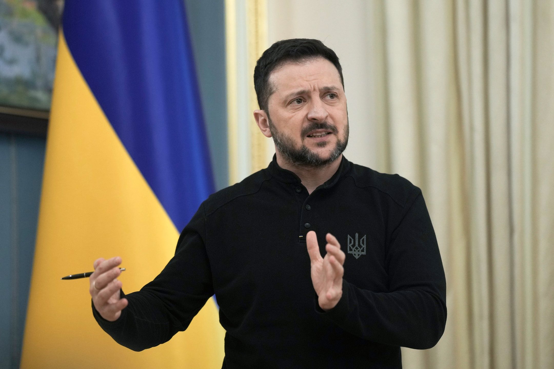 Volodymyr Zelenskiy, Ukraine's president, speaks at a news conference in Kyiv, Ukraine, on Friday, March 28, 2025. Zelenskiy said he expects European allies to share more military intelligence and ramp up joint air defense and artillery production. Photographer: Andrew Kravchenko/Bloomberg via Getty Images