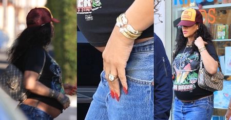 Rihanna w niezobowiązującej stylizacji i z WIELKIM diamentem na palcu serdecznym szuka ubranek dla dziecka (ZDJĘCIA)