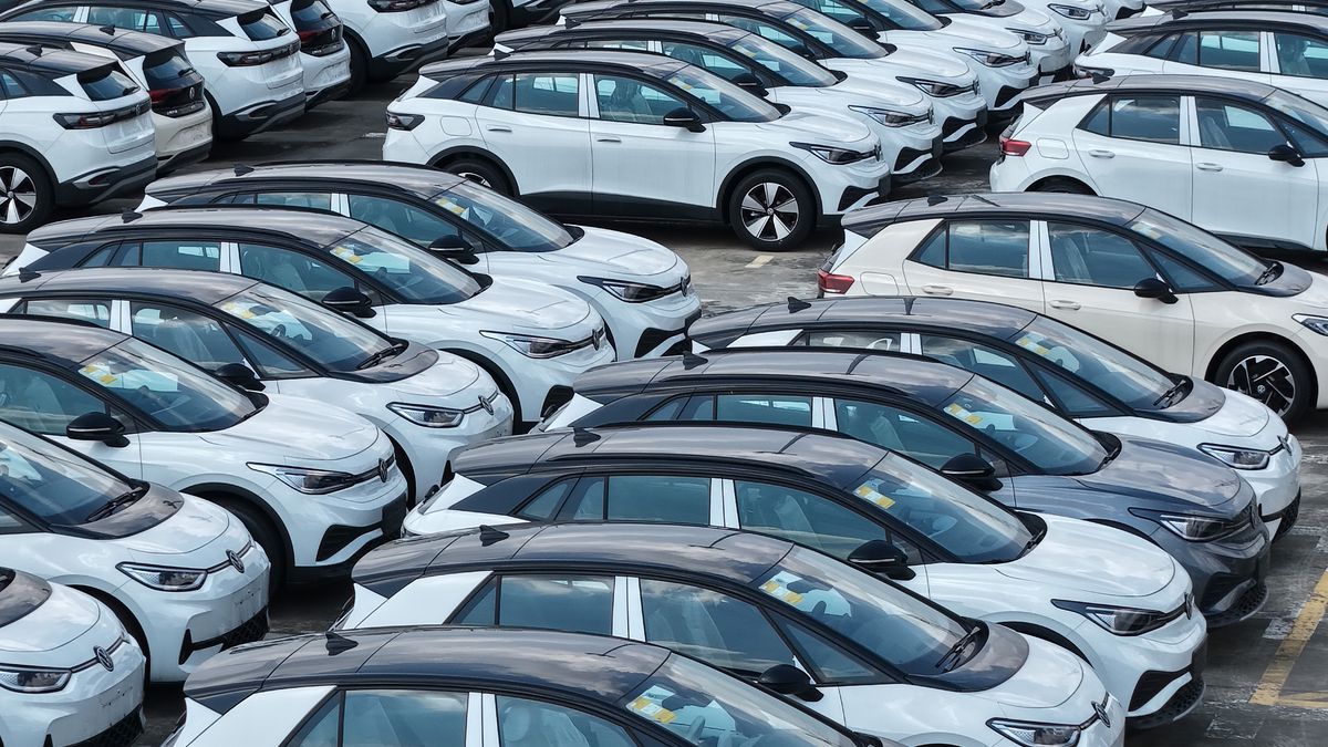 NANJING, CHINA - JULY 08: Volkswagen new energy vehicles are parked at Nanjing Port on July 8, 2026 in Nanjing, Jiangsu Province of China. China's automobile exports to countries along the Belt and Road routes have continued to grow. (Photo by Fang Dongxu/VCG via Getty Images)
