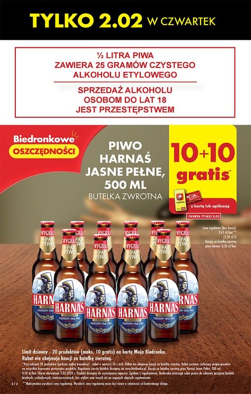 Biedronka piwo Harnaś 10+10 gratis w czwartek 2.02