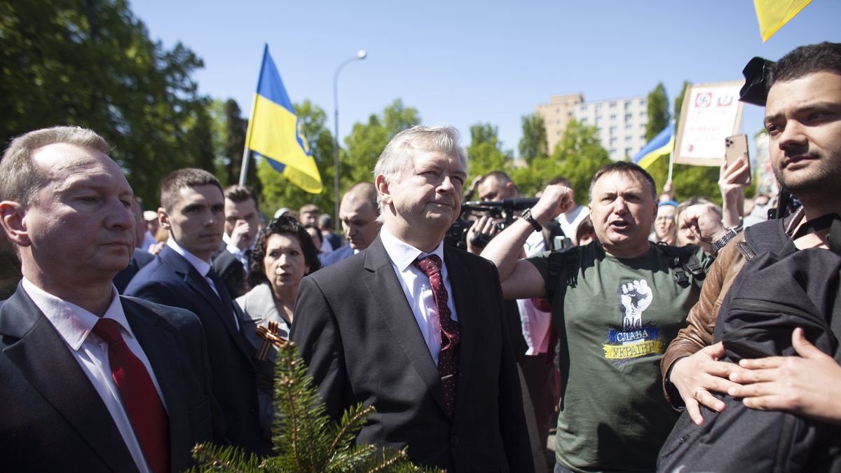 Russian ambassador Siergiej Andriejew during the celebration of the Russian Victory Day known as Den Pobedy at the cemetery of Soviet soldiers was disrupted by the Ukrainians. seen in Warsaw on May 9, 2022. (Photo by Maciej Luczniewski/NurPhoto via Getty Images)