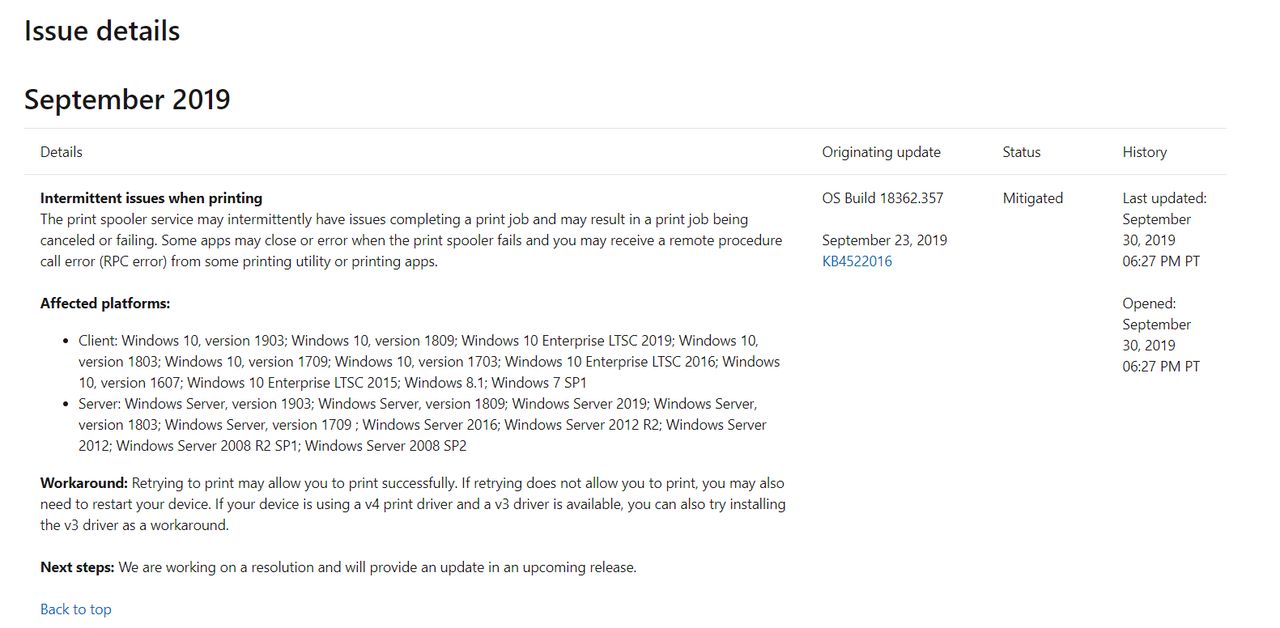 Opis problemu z drukowaniem w dokumentacji Windows 10 1903, źródło: Microsoft.
