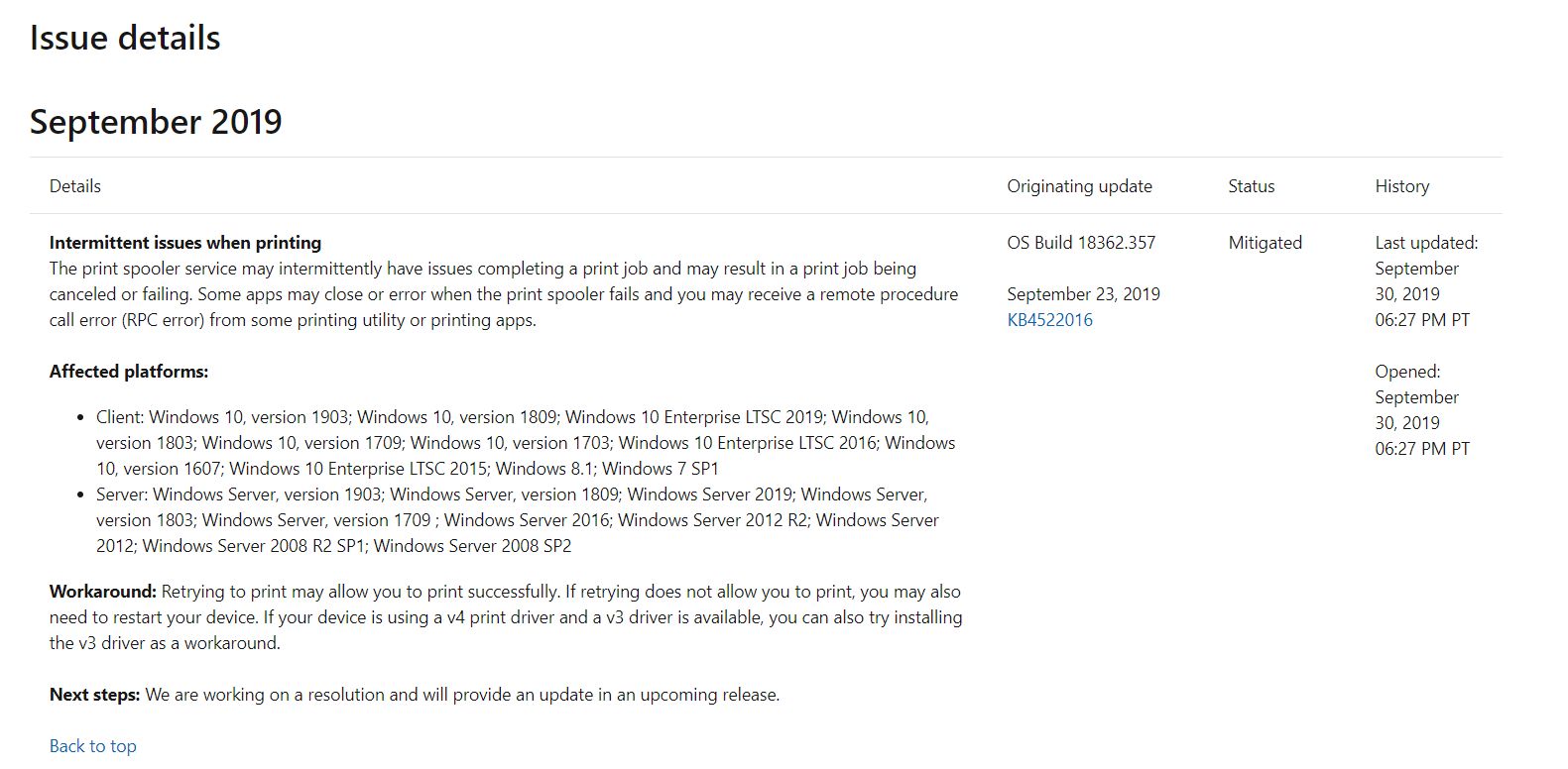 Opis problemu z drukowaniem w dokumentacji Windows 10 1903, źródło: Microsoft.