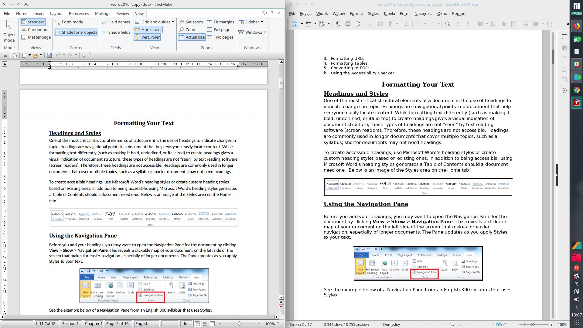 FreeOffice i LibreOffice obok siebie: niestety ten drugi nie potrafi wciąż idealnie wyświetlić dokumentu DOCX
