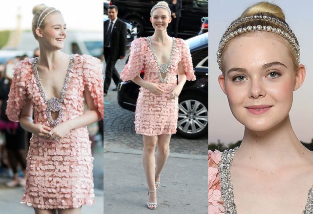 Dziewczęca Elle Fanning na pokazie mody w Paryżu