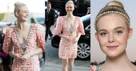 Dziewczęca Elle Fanning na pokazie mody w Paryżu