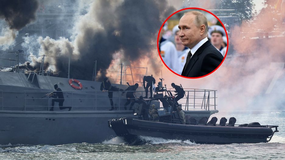 Ćwiczenia rosyjskich żołnierzy piechoty morskiej na Morzu Bałtyckim w lipciu 2022 roku. 
