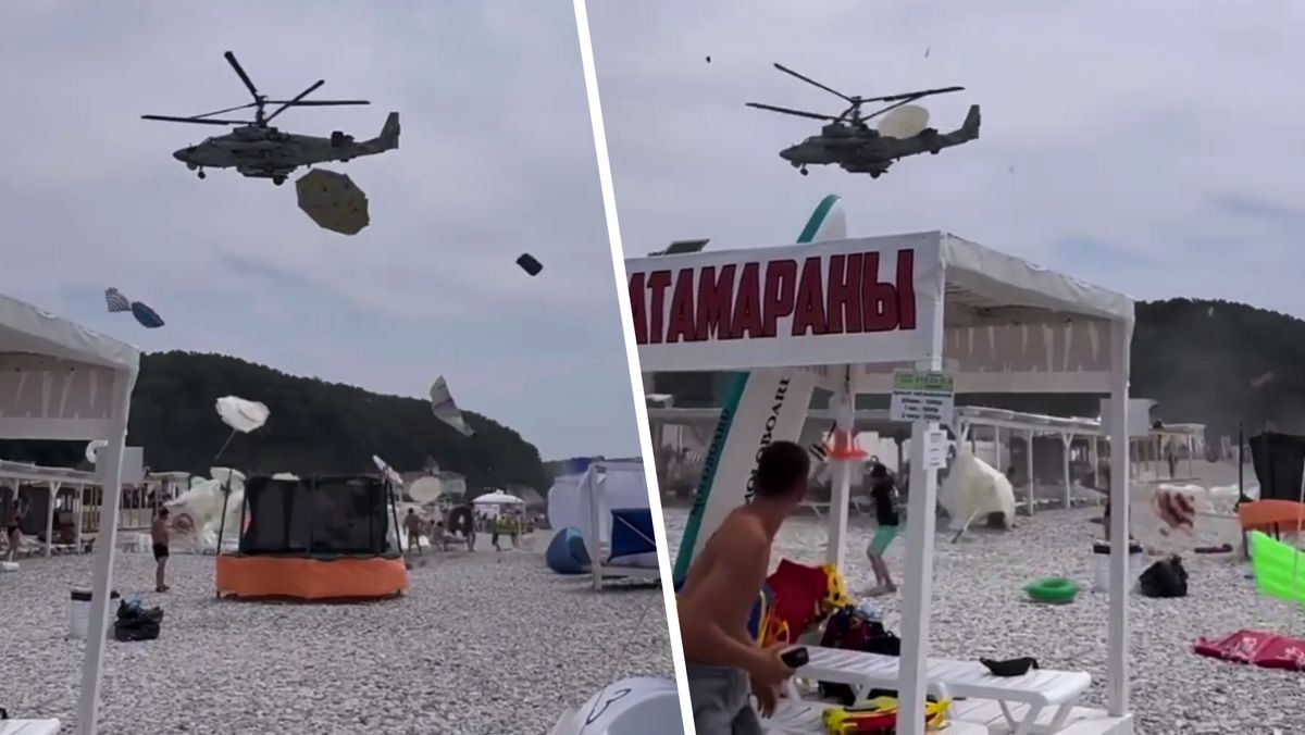 rosja, plaża, wojna, helikopter, ka-52, wojna w Ukrainie Popłoch na plaży. Rosyjski helikopter przeleciał tuż nad głowami