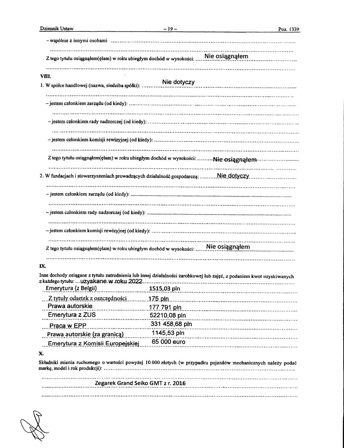 Fragment oświadczenia majątkowego Donalda Tuska.