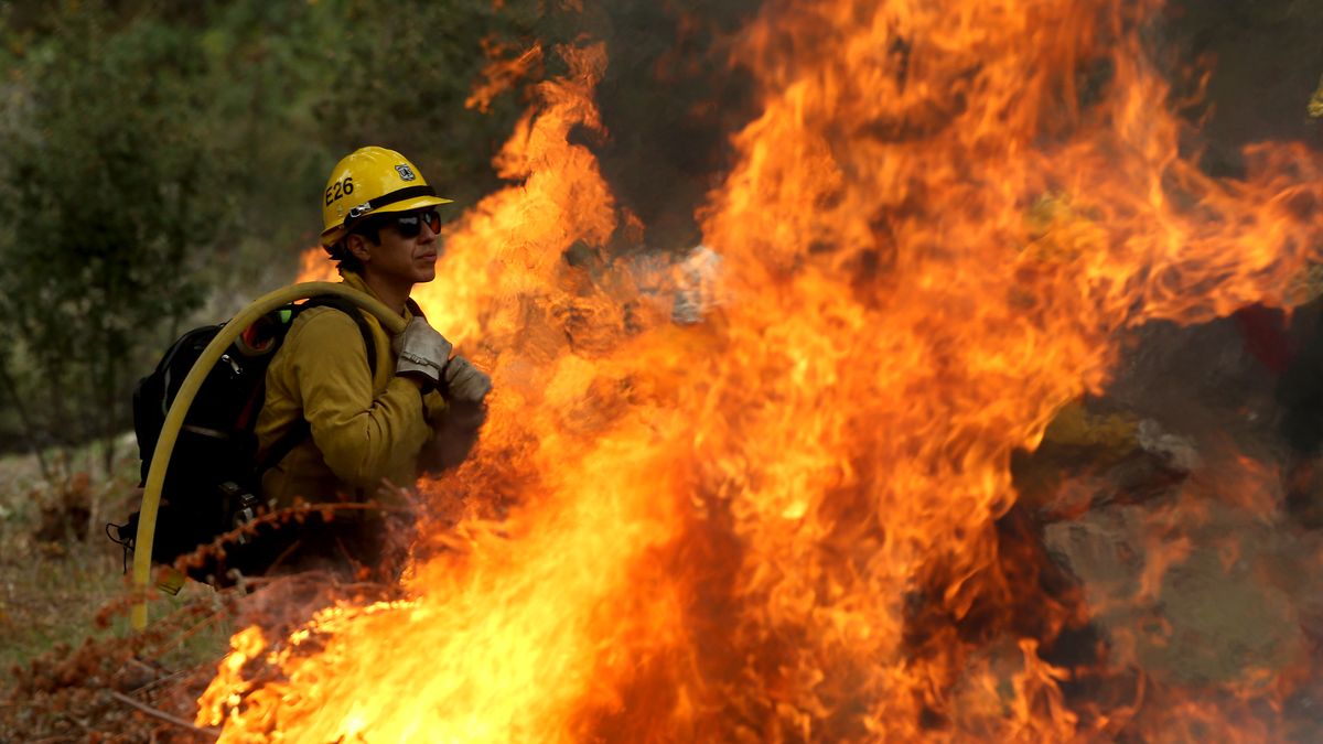 Upland, CA - U.S. Forest Service firefighters in the Angeles National Forest burn piles of forest debris below Mt. Baldy on Wednesday morning, Nov. 29, 2023. Controlled burns are part of the service's forest management practices.  (Luis Sinco / Los Angeles Times via Getty Images)