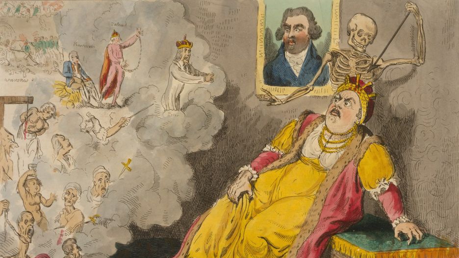 Przerażona Katarzyna II w chwili śmierci. Karykatura Isaaca Cruikshanka z grudnia 1796 roku (domena publiczna)
