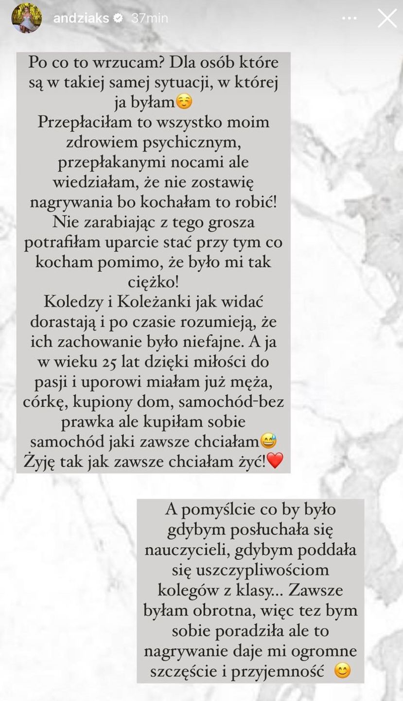 Andziaks wyznaje, że była gnębiona. Pokazała SMS-y od koleżanki