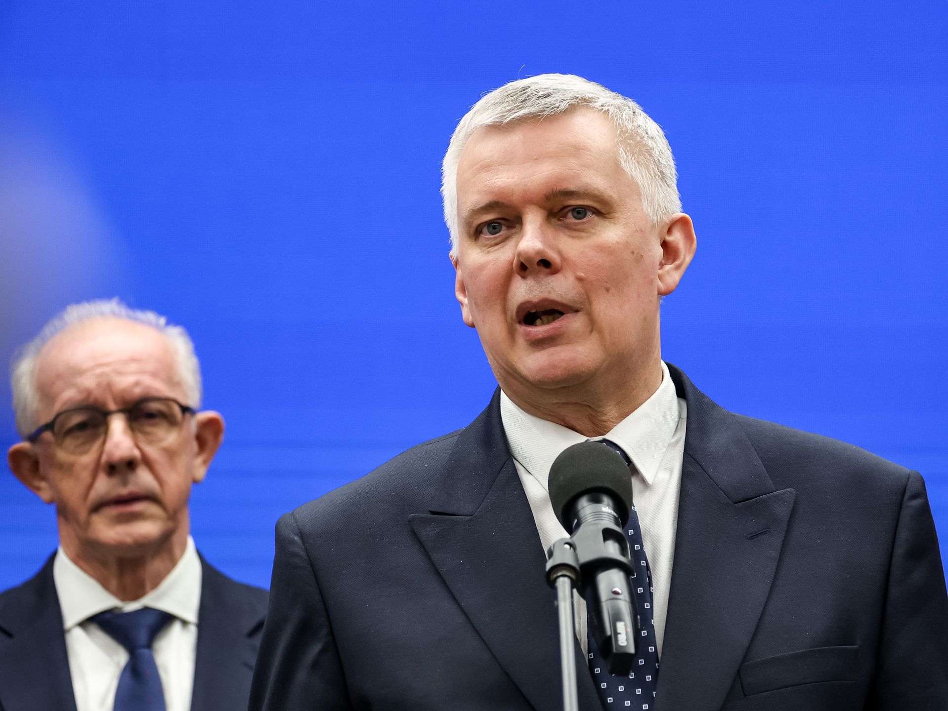 KRAKOW, MALOPOLSKIE, POLAND - 2025/03/27: Tomasz Siemoniak, Polish Minister of Interior and Administration speaks to the media at a press conference during his visit to the Lesser Poland Voivodeship at Lesser Poland Provincial Office in Krakow. (Photo by Dominika Zarzycka/SOPA Images/LightRocket via Getty Images)