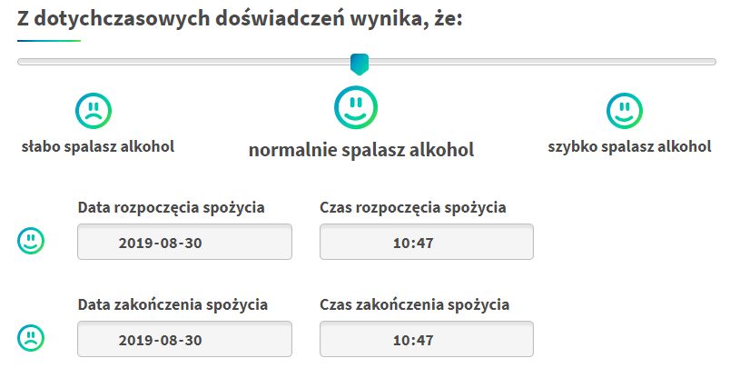 Tylko kalkulator medme.pl pozwala dokładnie określić godzinę i dodać subiektywny parametr o spalaniu alkoholu.