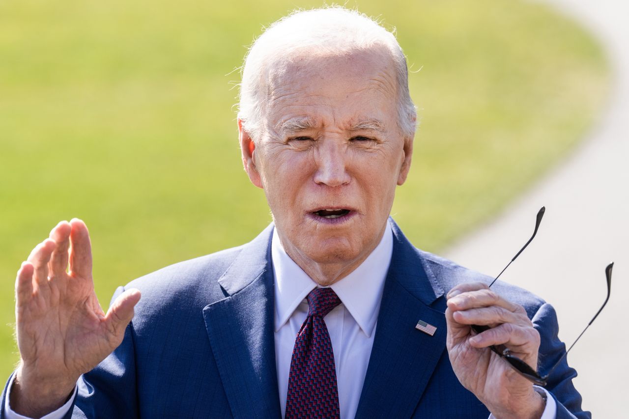 UNITED STATES - FEBRUARY 20: President Joe Biden addresses reporters on the South Lawn of the White House before boarding Marine One for a trip to Los Angeles for a campaign reception on Tuesday, February 20, 2024. (Tom Williams/CQ-Roll Call, Inc via Getty Images)