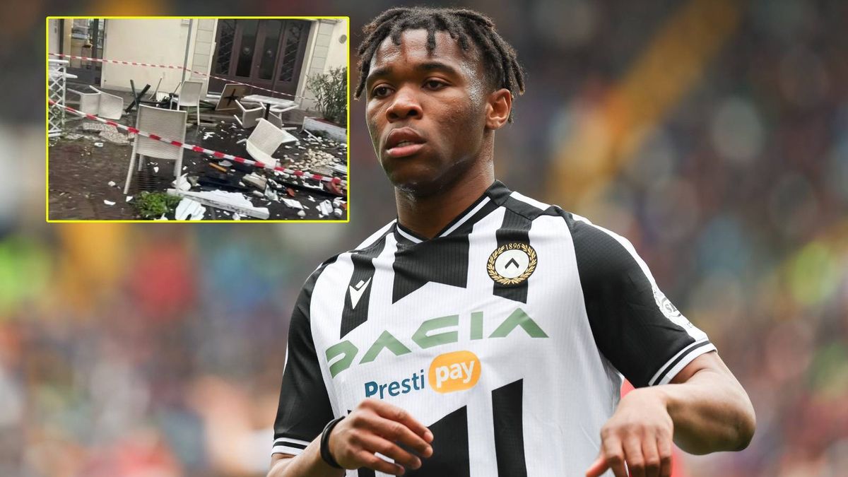 Getty Images / Getty / Twitter / Na zdjęciu: Destiny Udogie / w ramce: zniszczenia po wypadku