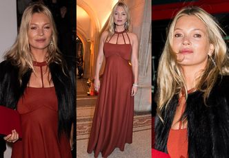 Elegancka Kate Moss eksponuje ramiona w ceglastej sukni na Portrait Gallery Gala