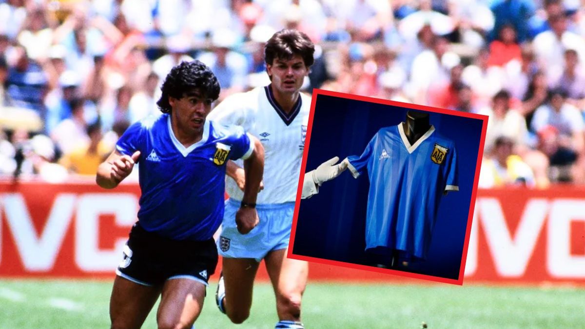Diego Maradona w meczu z Anglią na MŚ 1986, na małym zdjęciu: koszulka Maradony z tego meczu