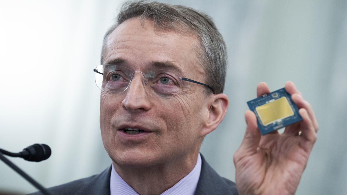 UNITED STATES - MARCH 23: Pat Gelsinger, CEO, of Intel Corporation, holds a semiconductor chip while testifying during the Senate Commerce, Science, and Transportation hearing titled Developing Next Generation Technology for Innovation, in Russell Senate Office Building on Wednesday, March 23, 2022. The hearing focused on American semiconductor competitiveness, supply chains, and CHIPS legislation. (Tom Williams/CQ-Roll Call, Inc via Getty Images)