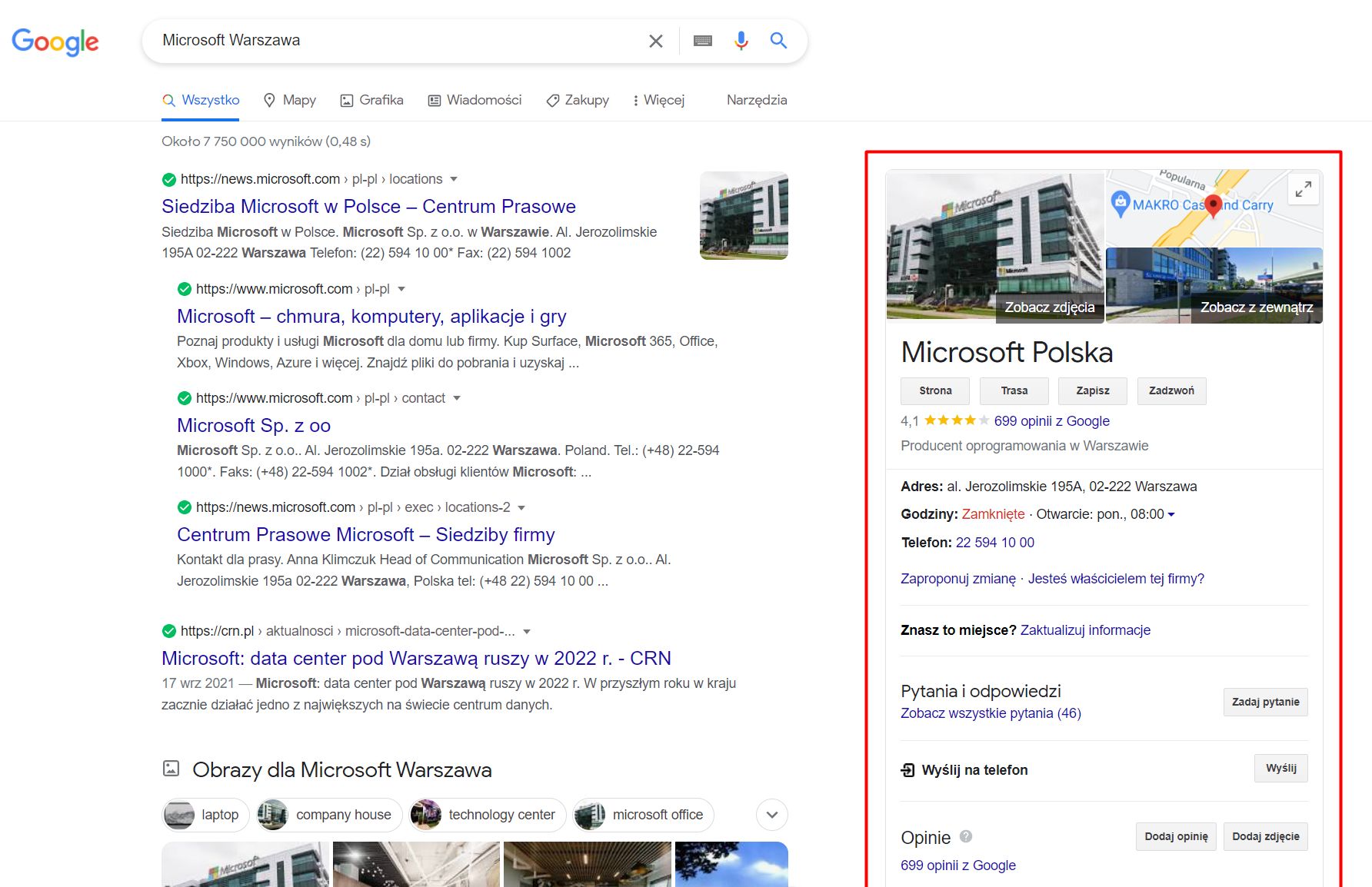 Przykładowa "wizytówka" w wyszukiwarce Google