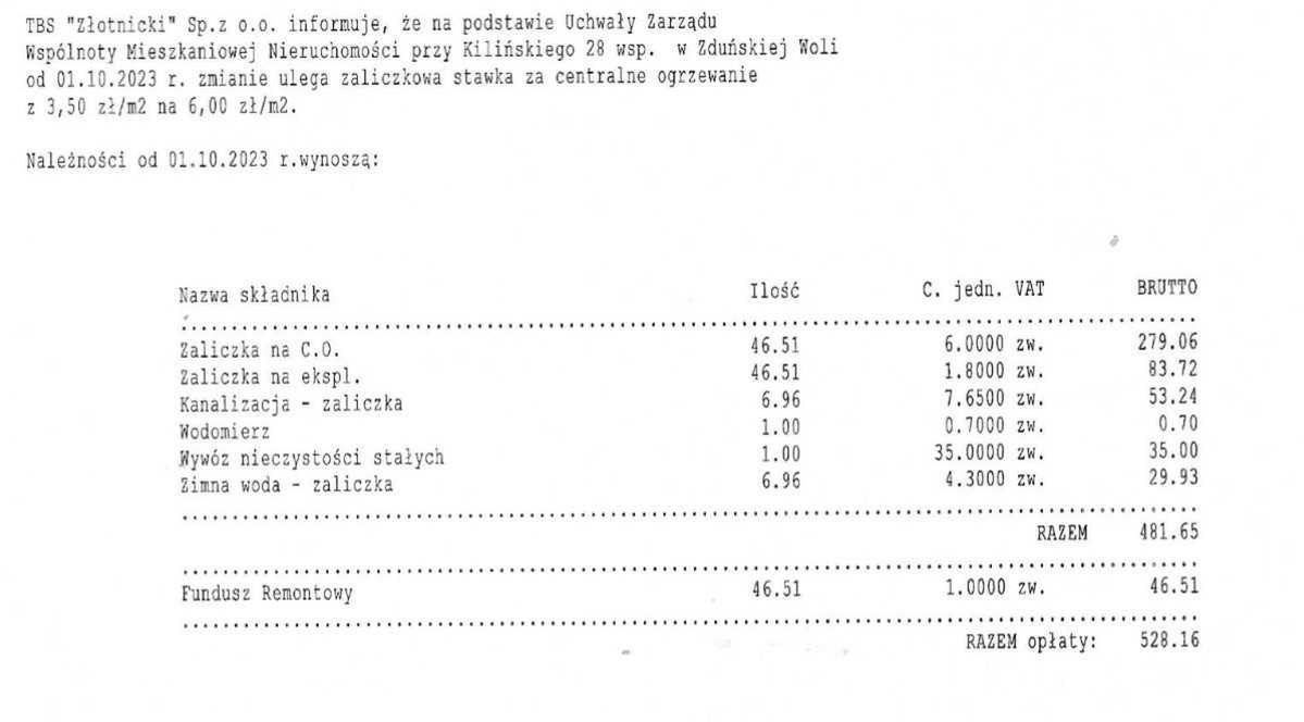Spis opłat do wspólnoty mieszkaniowej pani Marii wraz z informacją o podwyżce zaliczek na centralne ogrzewanie 