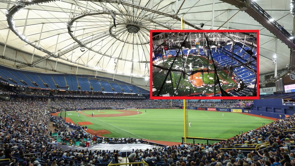 Getty Images / Mike Carlson/MLB Photos/X/WxChasing - Brandon Clement / Na glównym: stadion Tropicana Field, w ramce: zniszczenia wyrządzone przez huragan