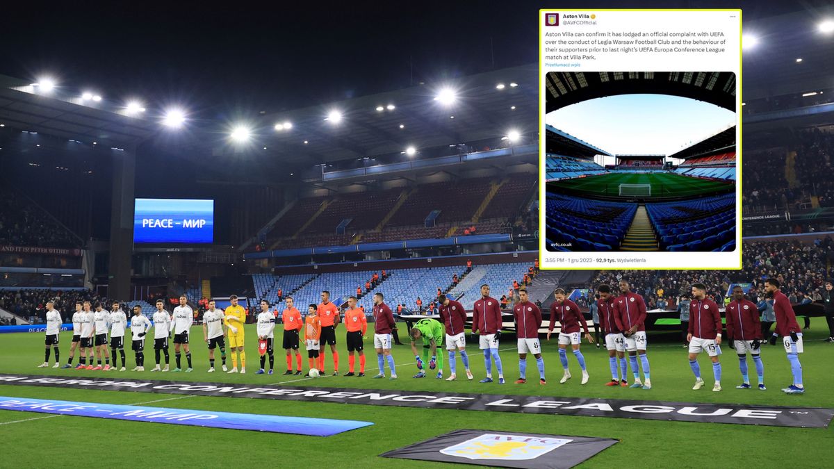 Zdjęcie okładkowe artykułu: WP SportoweFakty /  / Na dużym zdjęciu: moment przed meczem Aston Villa - Legia Warszawa na Villa Park (Getty Images), w ramce: oświadczenie Aston Villi (X, daw. Twitter)