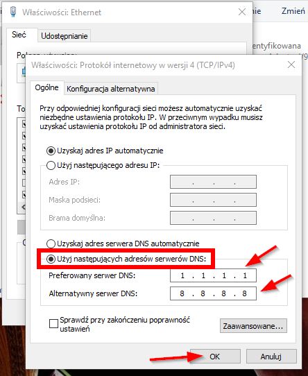 Wybieramy "Użyj następujących serwerów DNS" i wprowadzamy własne - np. 1.1.1.1 i 8.8.8.8.