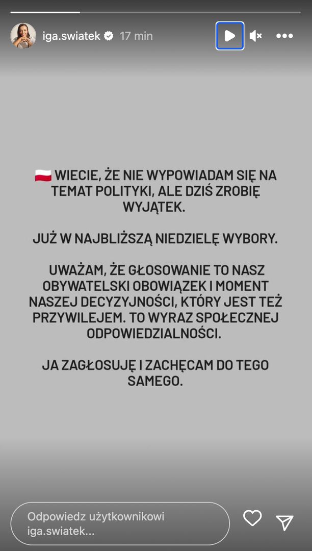 Wpis Igi Świątek na Instastories