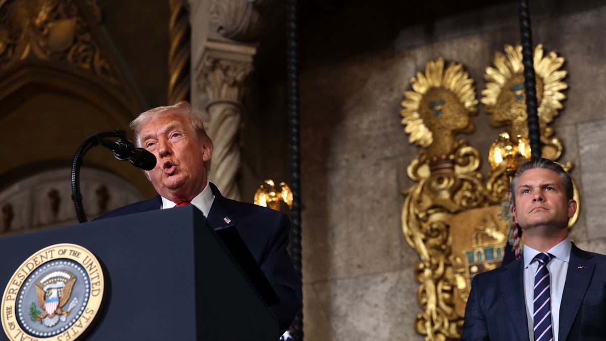 PALM BEACH, FLORIDA - DECEMBER 22: U.S. President Donald Trump,  joined by U.S. Secretary of War Pete Hegseth, announces the creation of the “Trump-class” battleship during a statement to the media at Trump’s Mar-a-Lago estate on December 22, 2025 in Palm Beach, Florida. Trump announced the new class of ship will become the centerpiece of his “Golden Fleet” program to rebuild and strengthen the U.S. shipbuilding industry. (Photo by Tasos Katopodis/Getty Images)