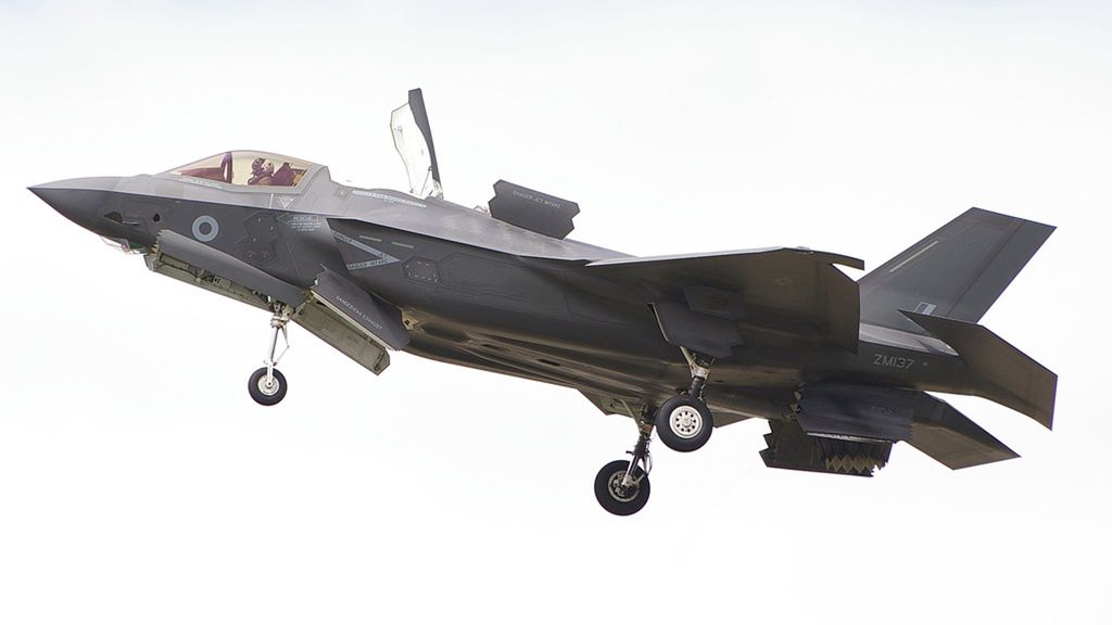 The F-35B has the ability to hover and land vertically.