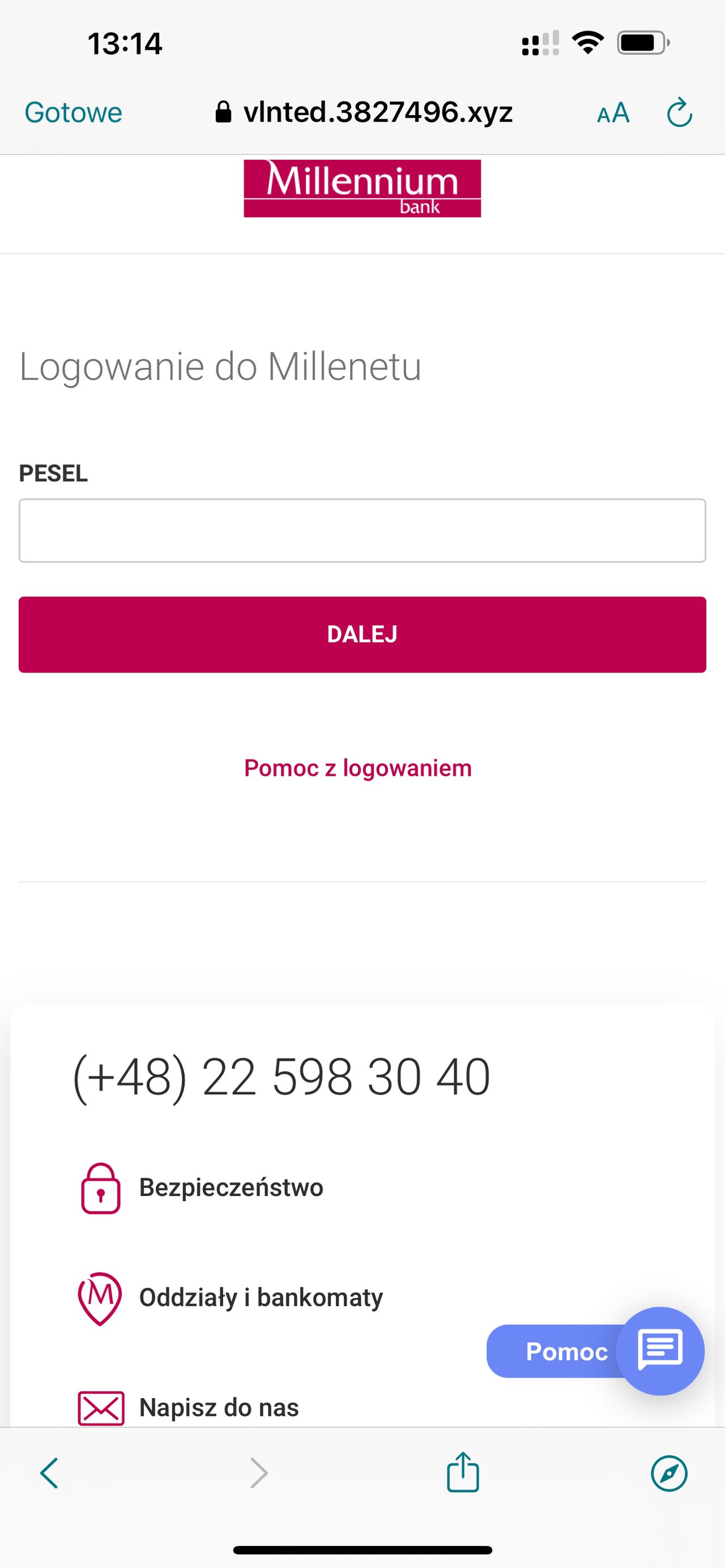 Fałszywy serwis Millenet