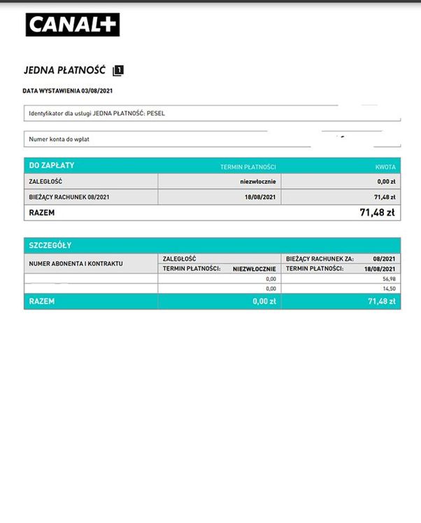 Przykładowy rachunek z Jedną Płatnością