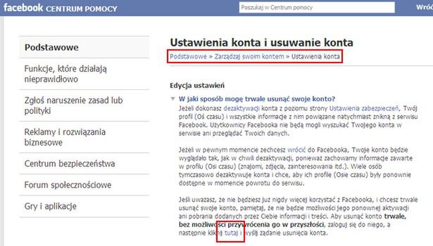 facebook - usunięcie konta