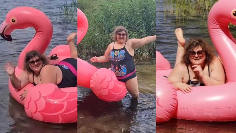 Dominika Gwit na dmuchanym flamingu