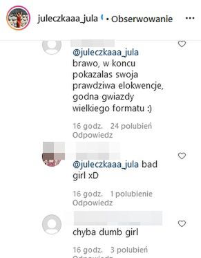 Komentarze na Instagramie Julii Wróblewskiej
