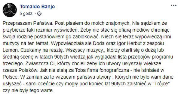 Tomaldo Banjo we wpisie na Facebooku tłumaczy powód usunięcia poprzedniego