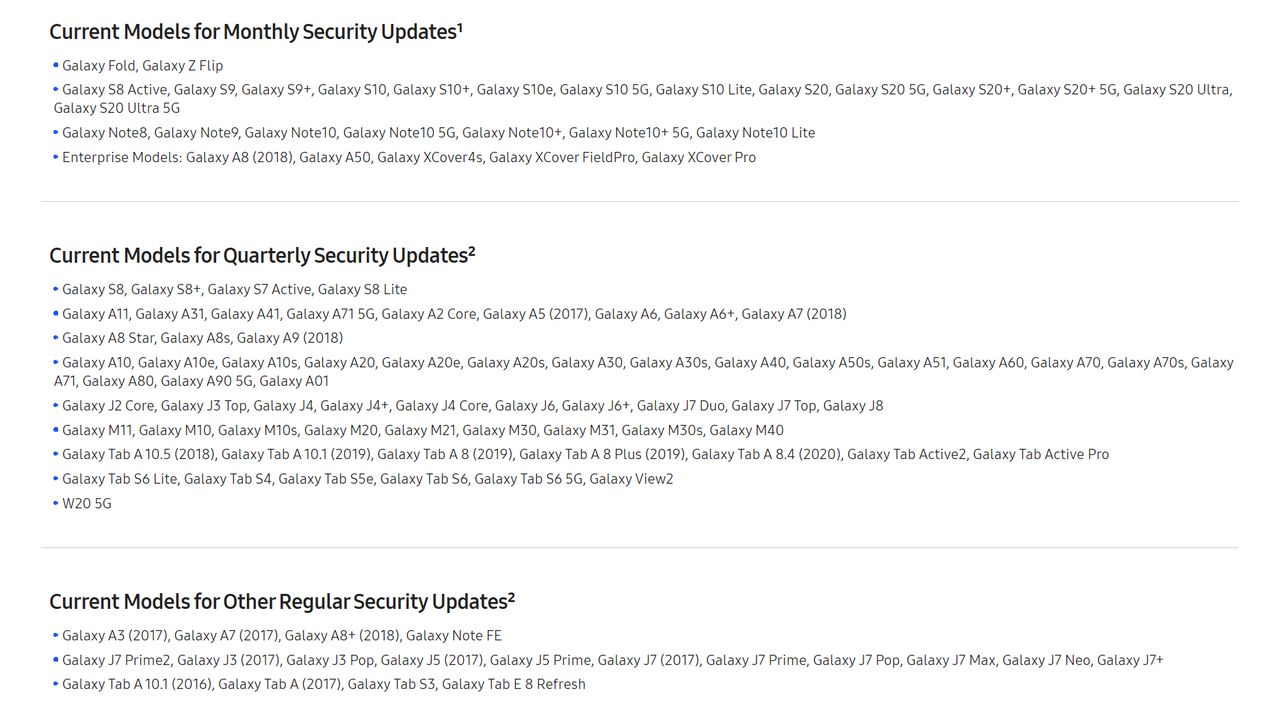 Nie wszystkie smartfony Samsunga otrzymują dziś comiesięczne aktualizacje, źródło: Samsung Mobile Security.