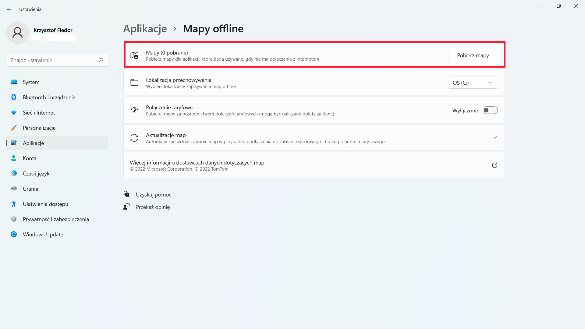 Windows 11: menu Mapy offline